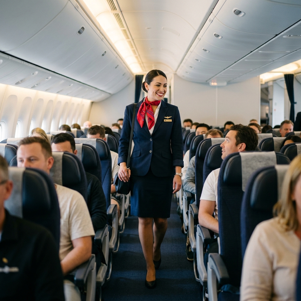 New SayIntentions.AI cabin crew member walking down the aisle of a wide-body airliner