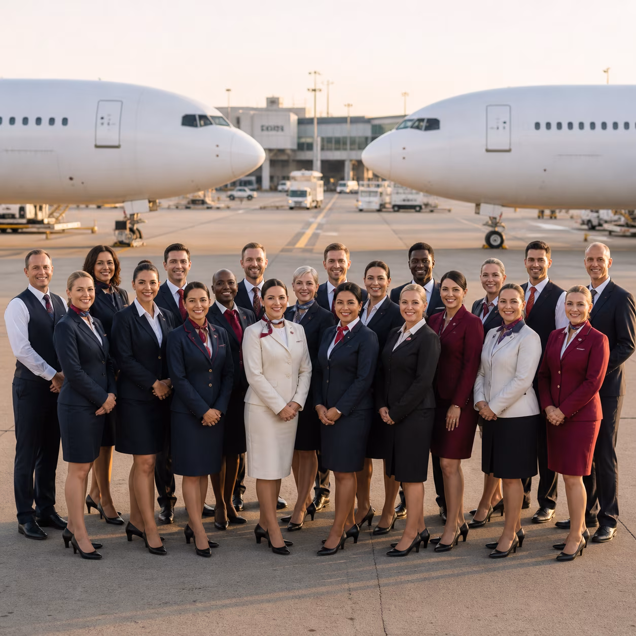 AI cabin crew member in uniform in the cabin aisle