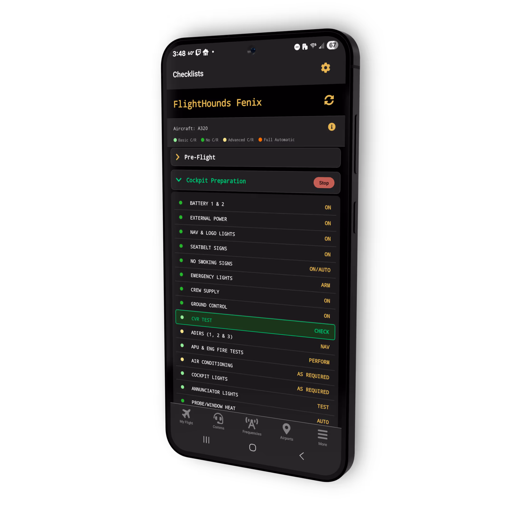 Checklists V2 live monitoring on PocketSky mobile app