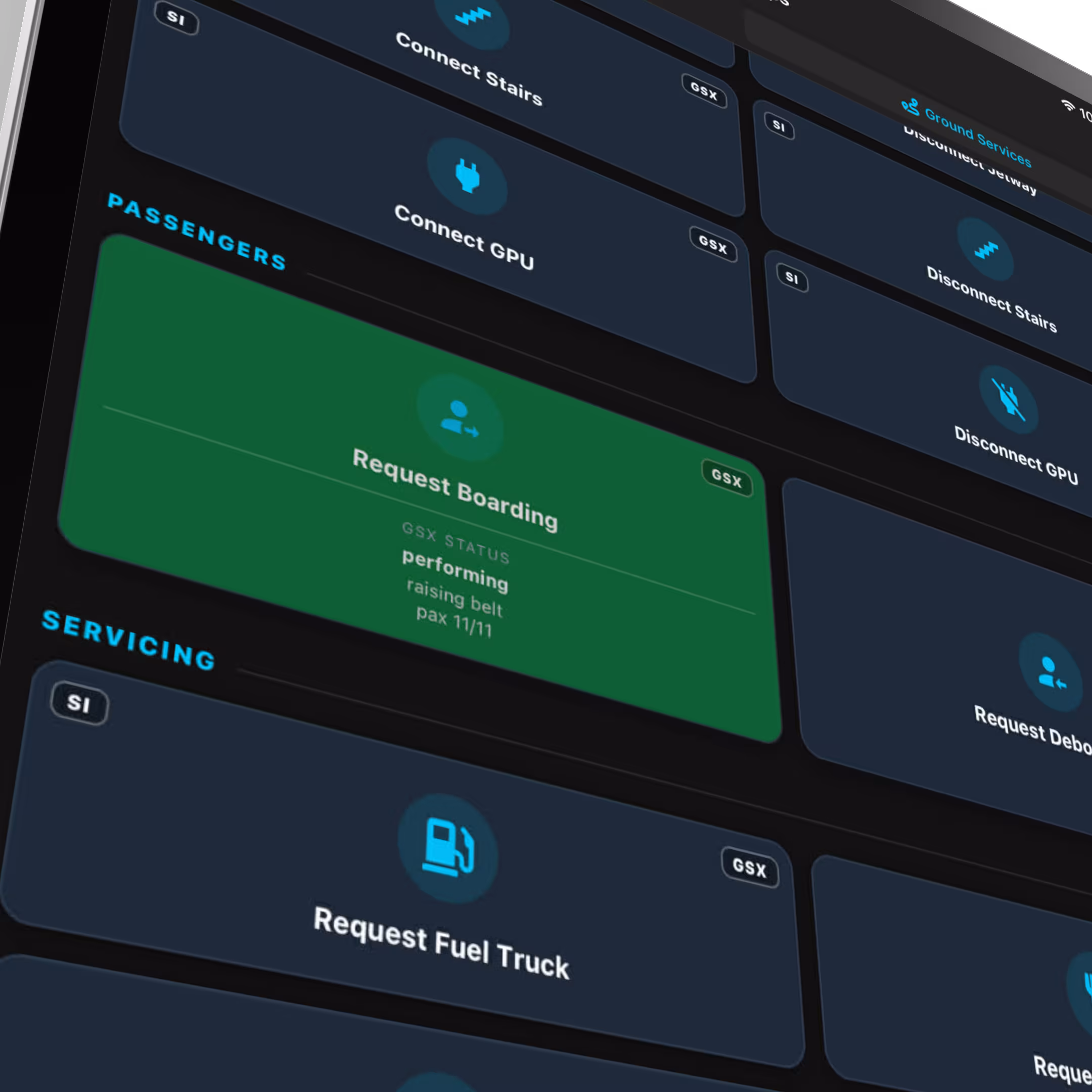 PocketSky showing a live ground service in progress — boarding status updating in real time