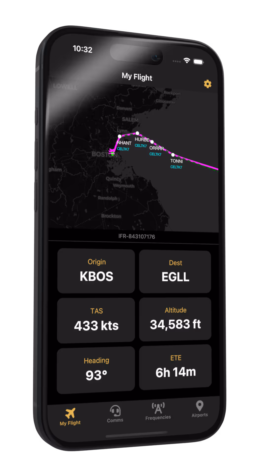 PocketSky app — live flight map screen