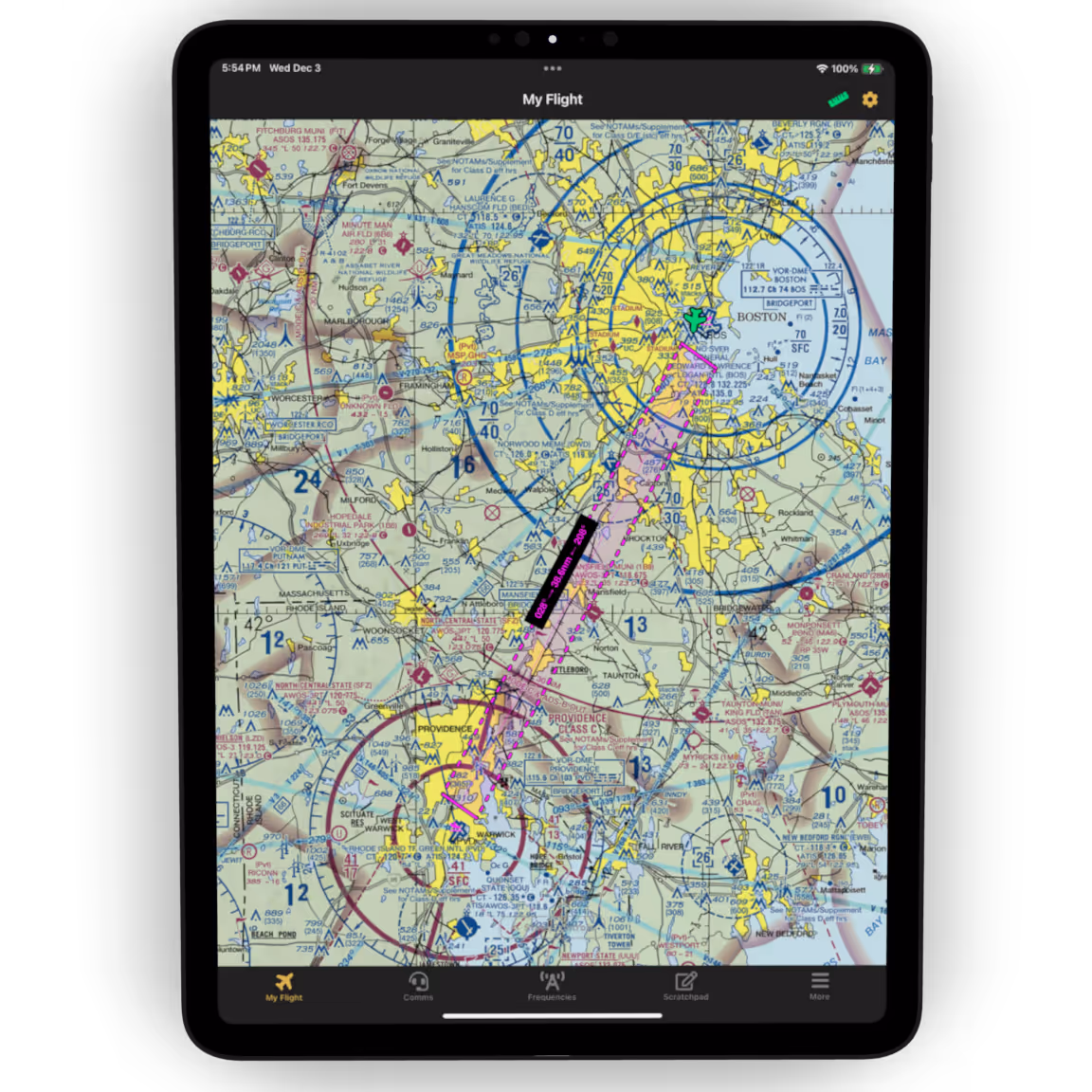 PocketSky VFR map layer — airspace, weather radar, and route overlays