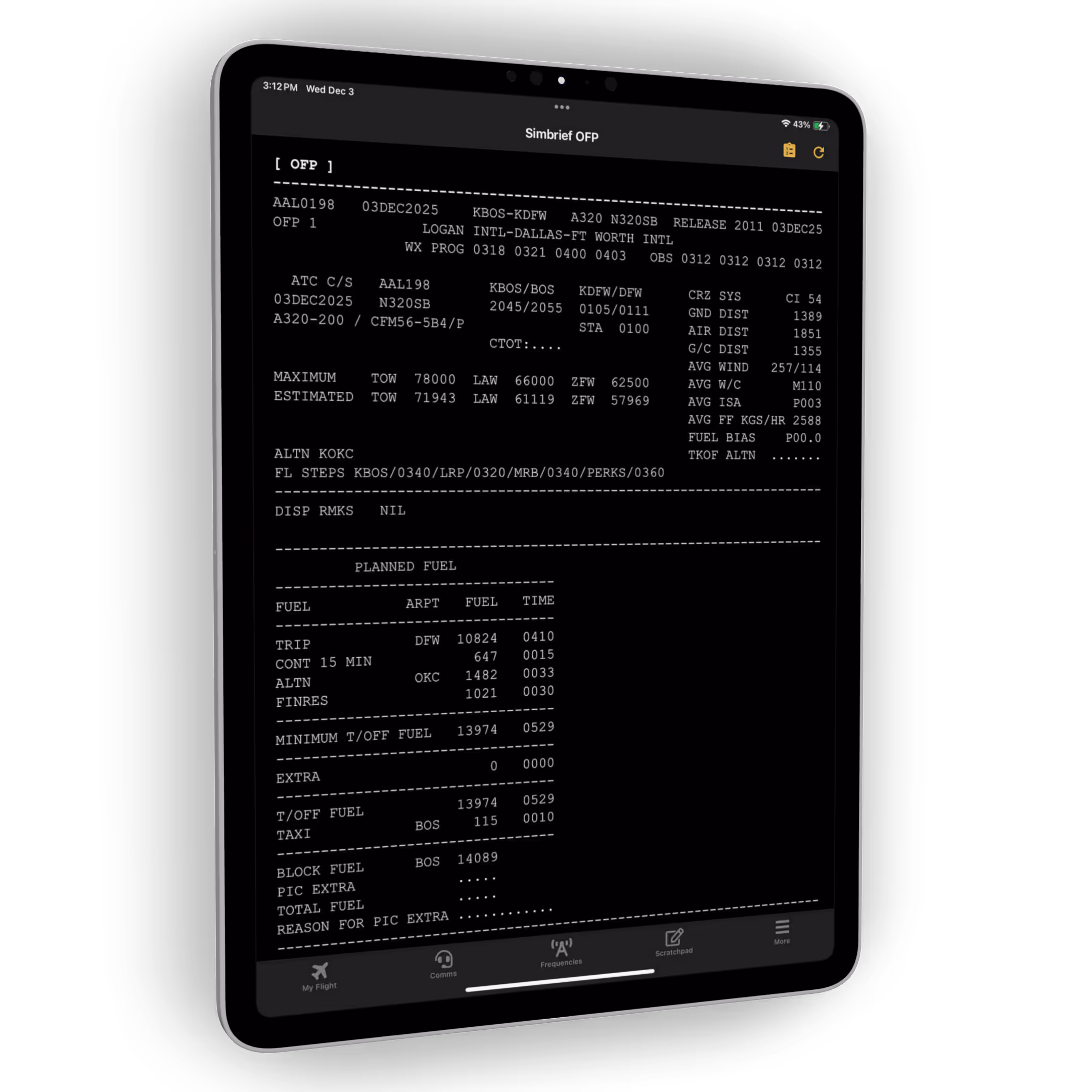 PocketSky SimBrief integration — OFP view