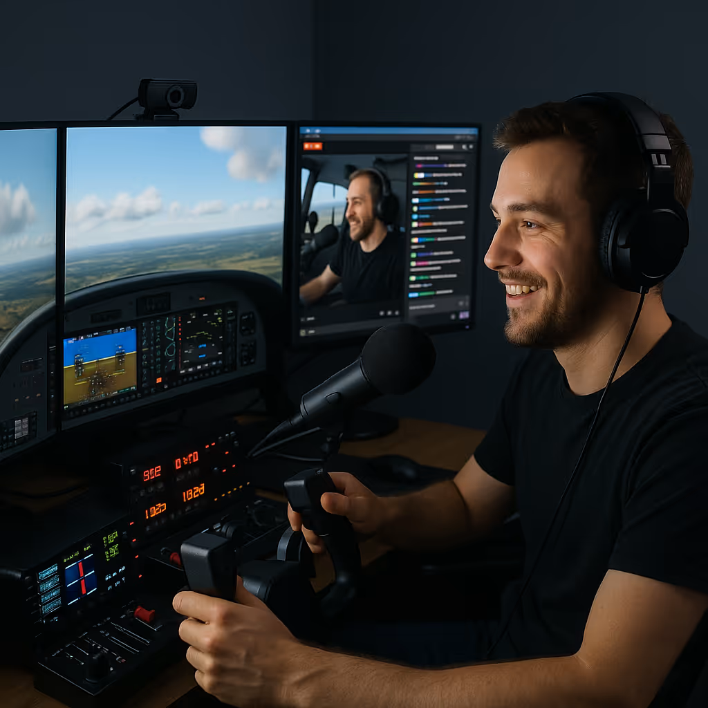 Content creator streaming flight simulation with SayIntentions.AI StreamKit